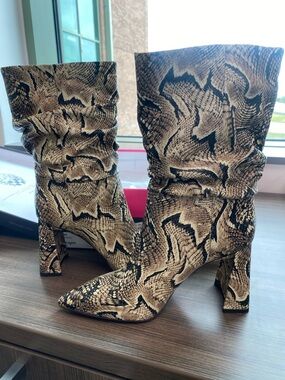 Vince Camuto Snake-Print Slouch Pointed Toe Block Heel Boots - Brown/Black